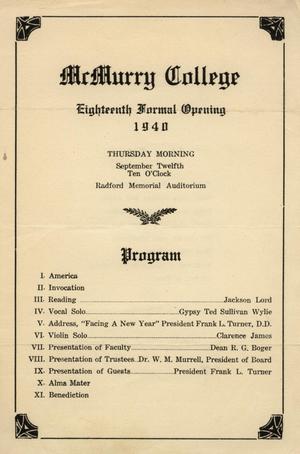 Primary view of object titled 'McMurry College, Eighteenth Formal Opening, 1940, Program'.