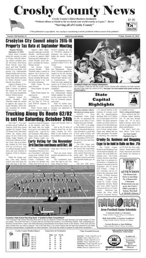 Primary view of object titled 'Crosby County News (Ralls, Tex.), Vol. 128, No. 41, Ed. 1 Friday, October 23, 2015'.