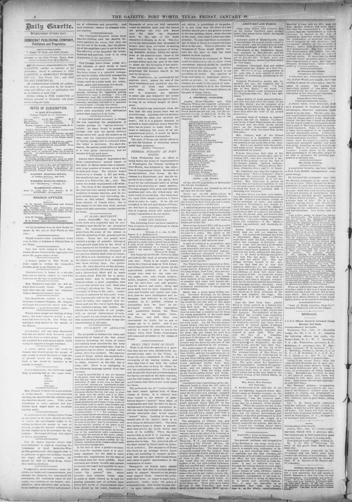 Fort Worth Daily Gazette. (Fort Worth, Tex.), Vol. 13, No. 199, Ed. 1, Friday, January 18, 1889
                                                
                                                    [Sequence #]: 4 of 8
                                                