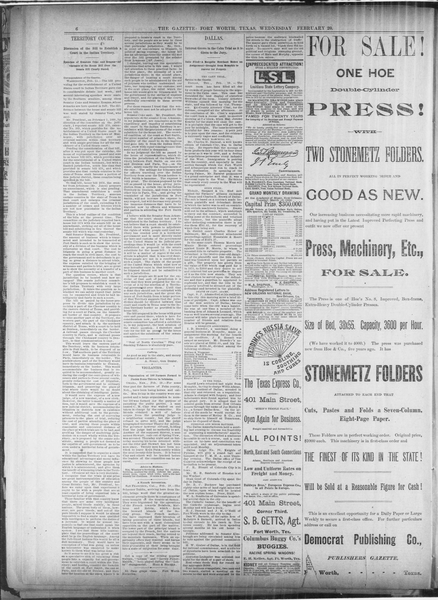 Fort Worth Daily Gazette. (Fort Worth, Tex.), Vol. 13, No. 232, Ed. 1, Wednesday, February 20, 1889
                                                
                                                    [Sequence #]: 6 of 8
                                                