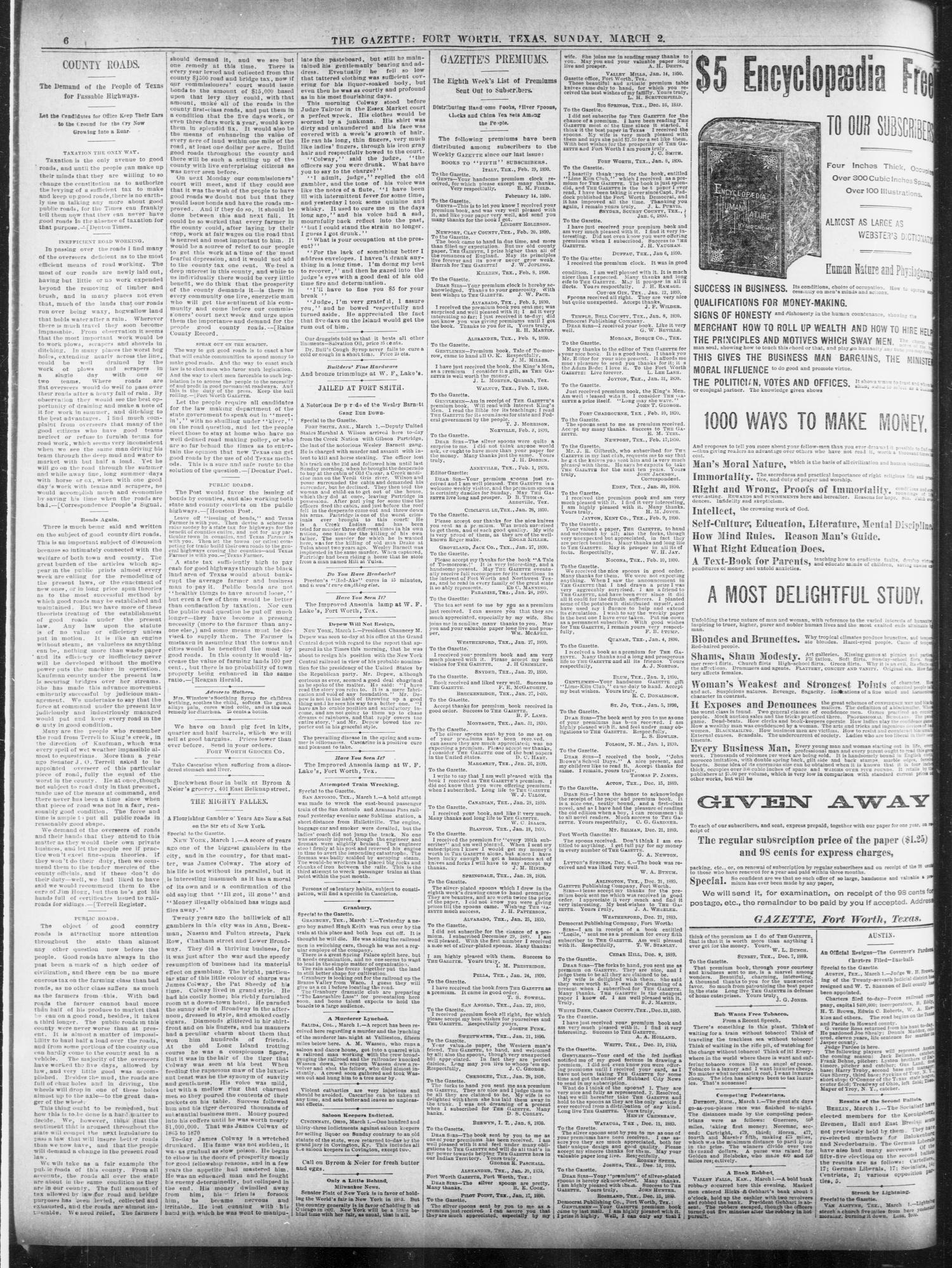 Fort Worth Daily Gazette. (Fort Worth, Tex.), Vol. 14, No. 141, Ed. 1, Sunday, March 2, 1890
                                                
                                                    [Sequence #]: 6 of 20
                                                