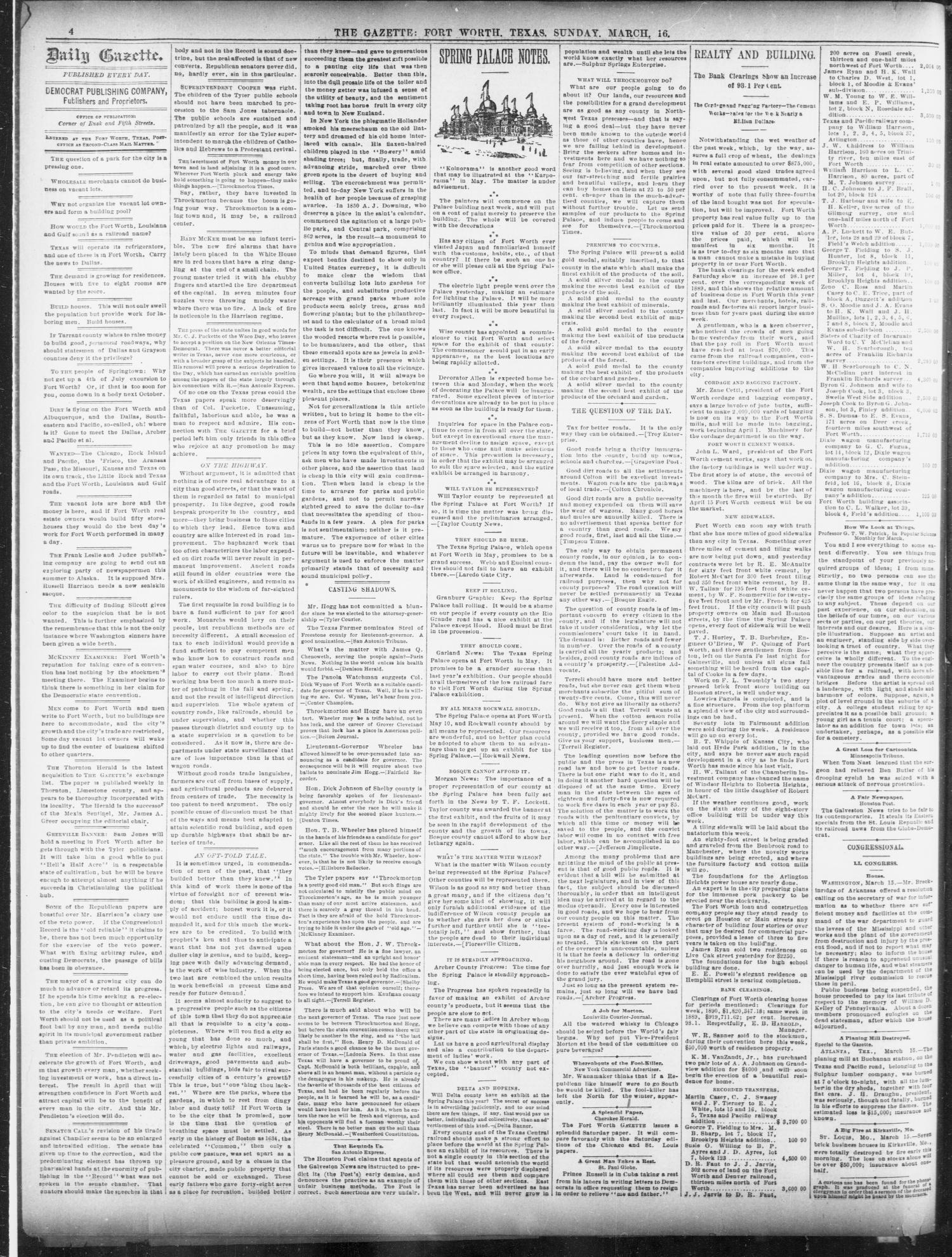 Fort Worth Daily Gazette. (Fort Worth, Tex.), Vol. 14, No. 155, Ed. 1, Sunday, March 16, 1890
                                                
                                                    [Sequence #]: 4 of 20
                                                