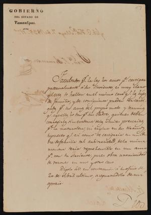 Primary view of object titled '[Letter from Governor Fernandez to the Laredo Alcalde, May 7, 1835]'.