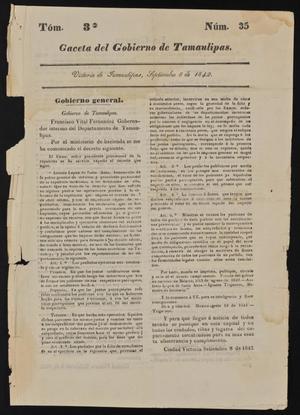 Primary view of Gaceta del Gobierno de Tamaulipas, Tomo 3, Número 35, Septiembre 8 de 1842
