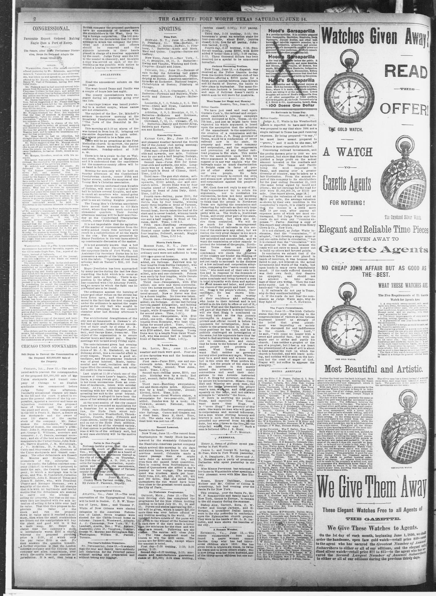 Fort Worth Daily Gazette. (Fort Worth, Tex.), Vol. 14, No. 245, Ed. 1, Saturday, June 14, 1890
                                                
                                                    [Sequence #]: 2 of 12
                                                