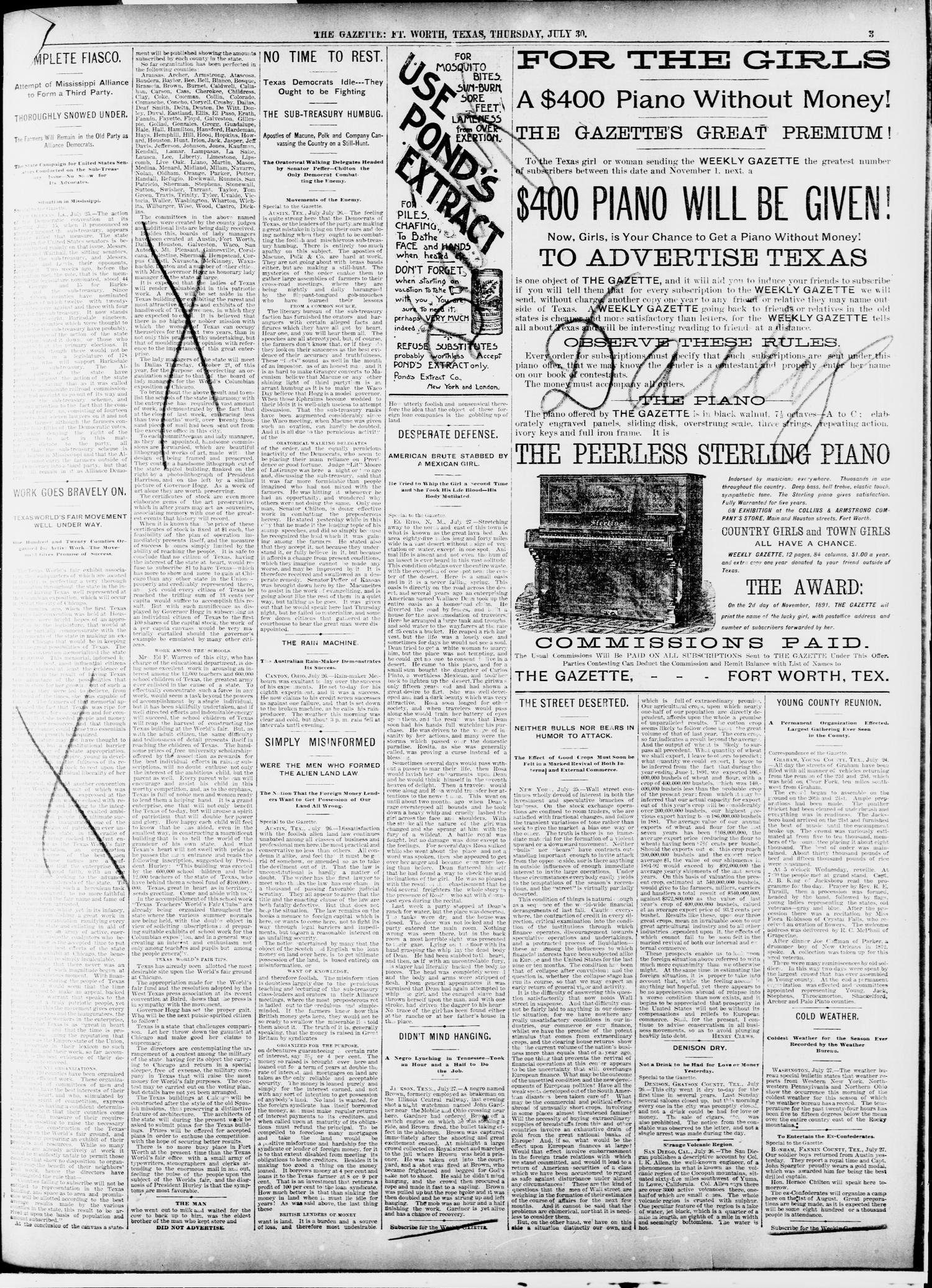 Fort Worth Gazette. (Fort Worth, Tex.), Vol. 13, No. 34, Ed. 1, Thursday, July 30, 1891
                                                
                                                    [Sequence #]: 3 of 12
                                                