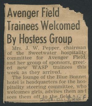 Primary view of object titled '[Clipping: Avenger Field Trainees Welcomed By Hostess Group]'.