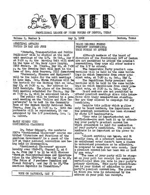 Primary view of object titled 'The Denton Voter Newsletter, Volume 02, Number 01, May 3, 1962'.