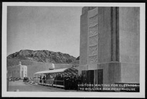 Primary view of object titled '[Postcard image of "Visitors Waiting For Elevator To Boulder Dam Powerhouse"]'.