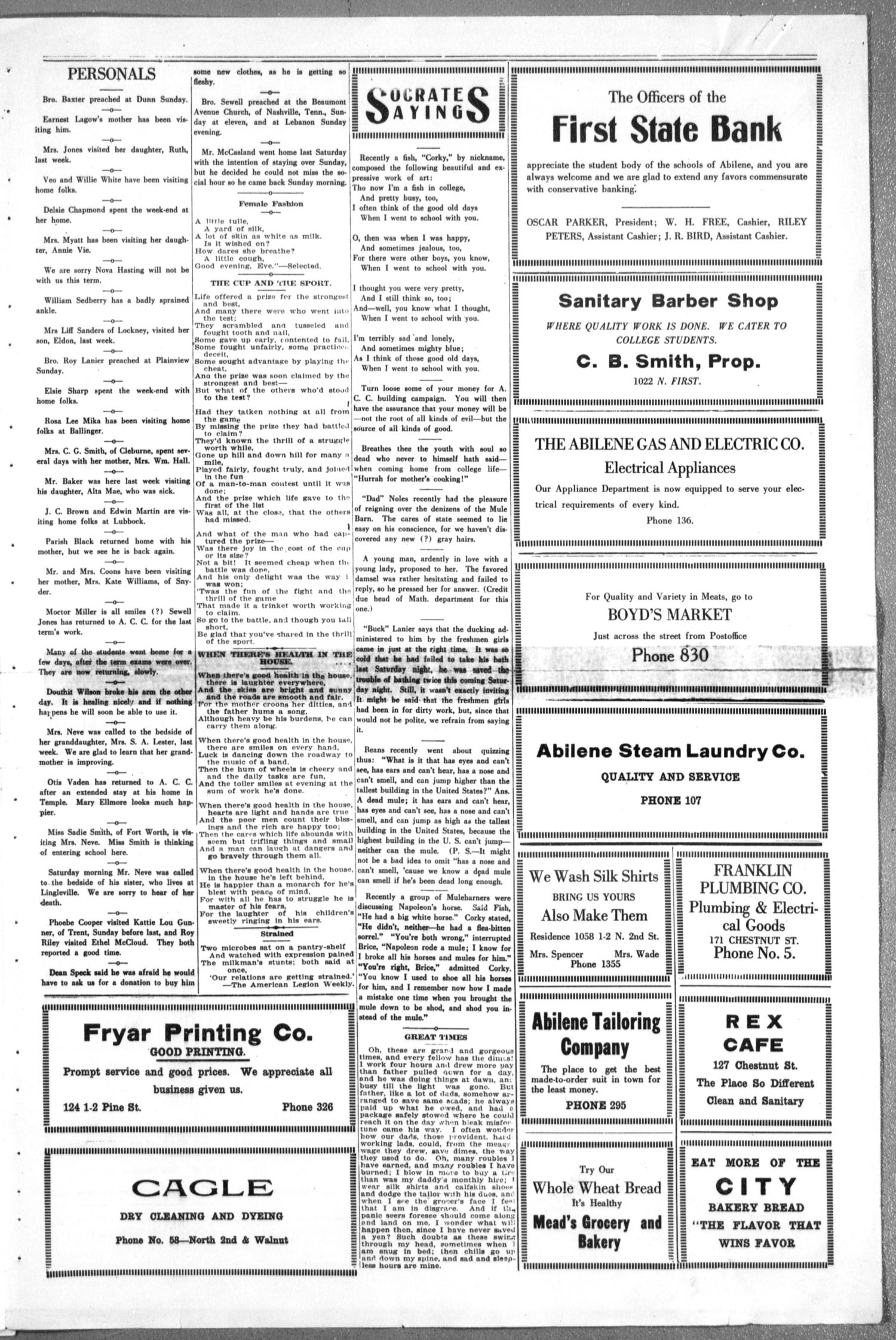 The Optimist (Abilene, Tex.), Vol. 7, No. 15, Ed. 1, Thursday, March 18, 1920
                                                
                                                    [Sequence #]: 3 of 4
                                                