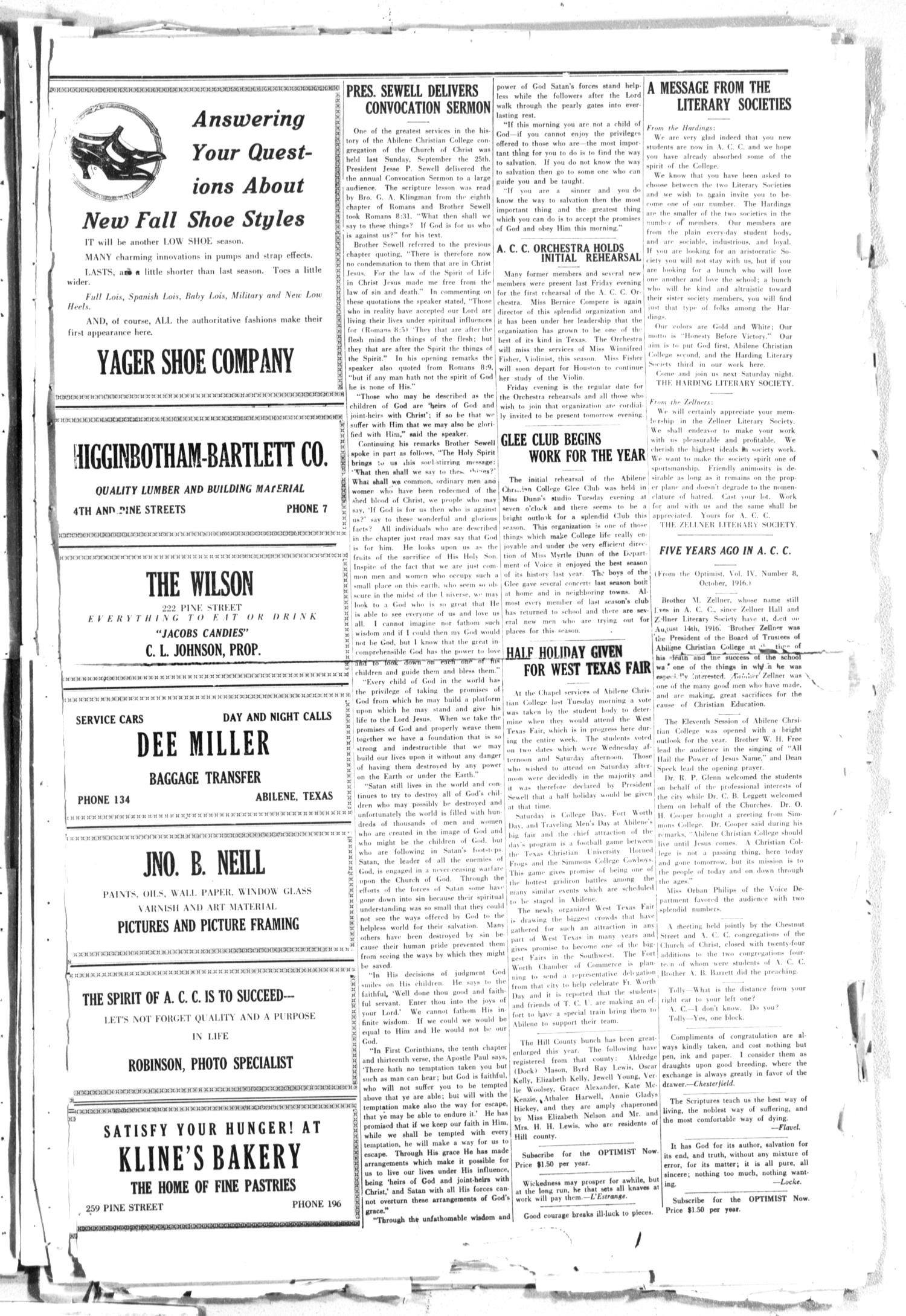 The Optimist (Abilene, Tex.), Vol. 9, No. 2, Ed. 1, Thursday, September 29, 1921
                                                
                                                    [Sequence #]: 3 of 5
                                                
