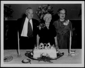Primary view of object titled '[Babe Leake, Neely Jones Leake and his wife May, at Babe's 90th birthday party]'.