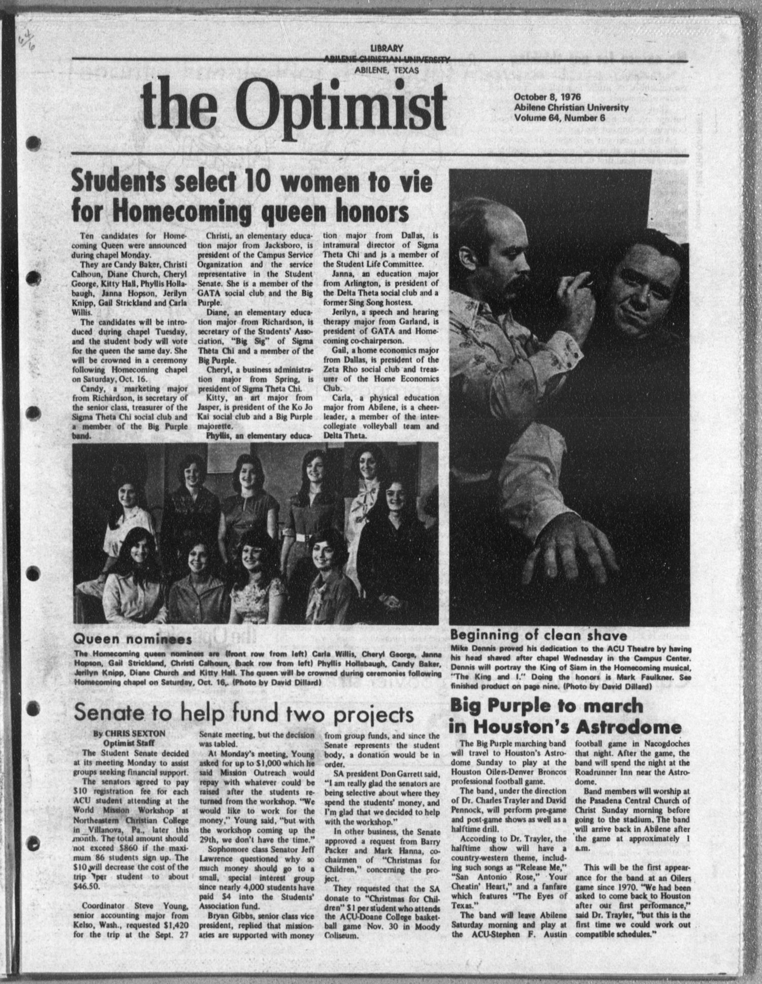 The Optimist (Abilene, Tex.), Vol. 64, No. 6, Ed. 1, Friday, October 8, 1976
                                                
                                                    [Sequence #]: 1 of 12
                                                