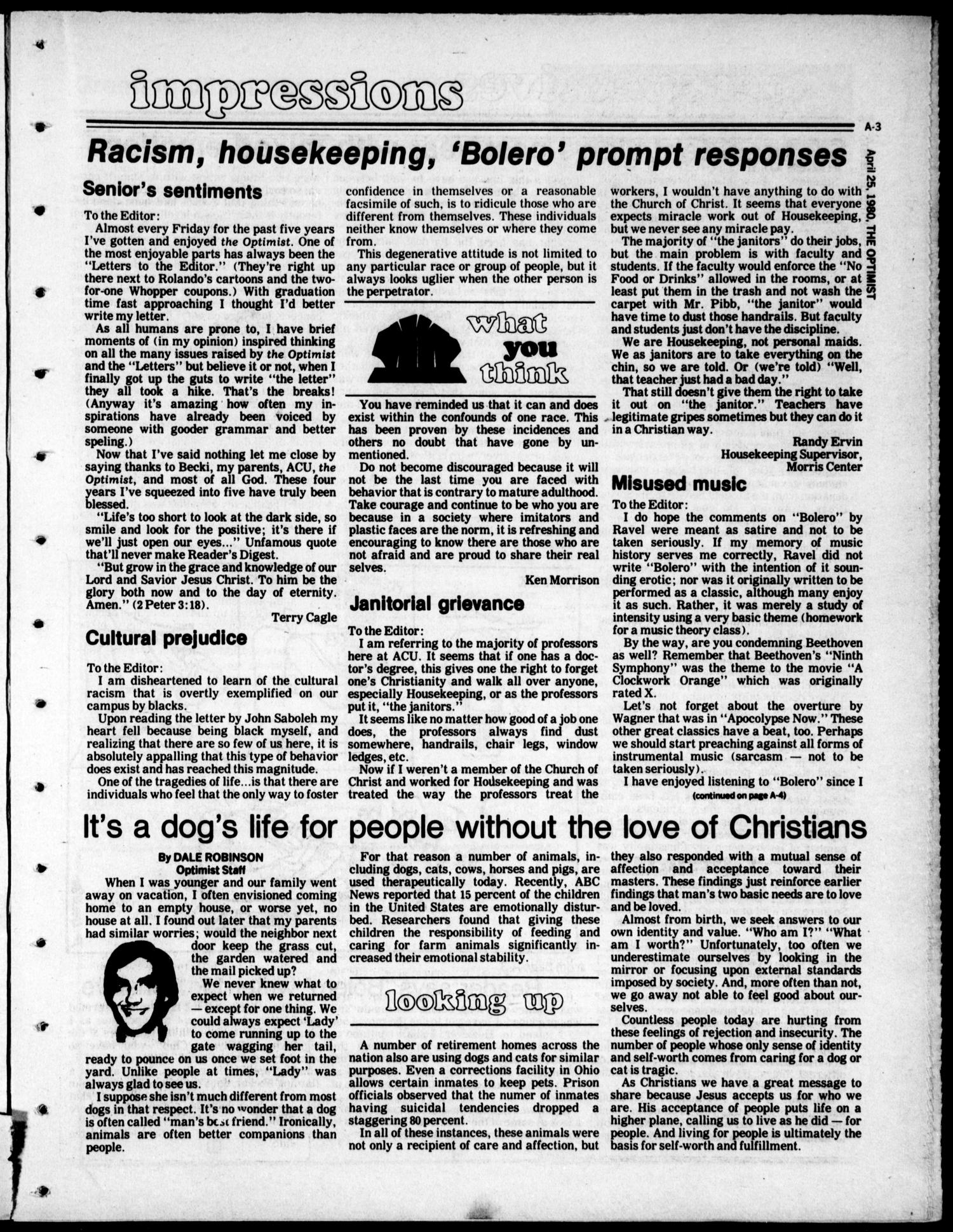 The Optimist (Abilene, Tex.), Vol. 67, No. 28, Ed. 1, Friday, April 25, 1980
                                                
                                                    [Sequence #]: 3 of 23
                                                