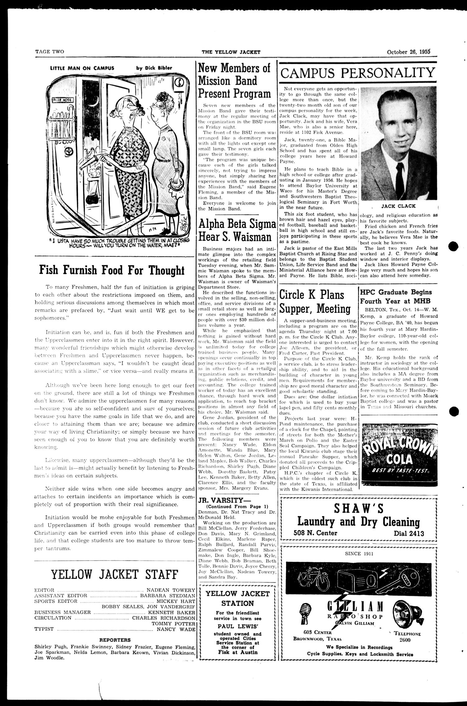 Yellow Jacket (Brownwood, Tex.), Vol. 43, No. 7, Ed. 1, Wednesday, October 26, 1955
                                                
                                                    [Sequence #]: 2 of 4
                                                