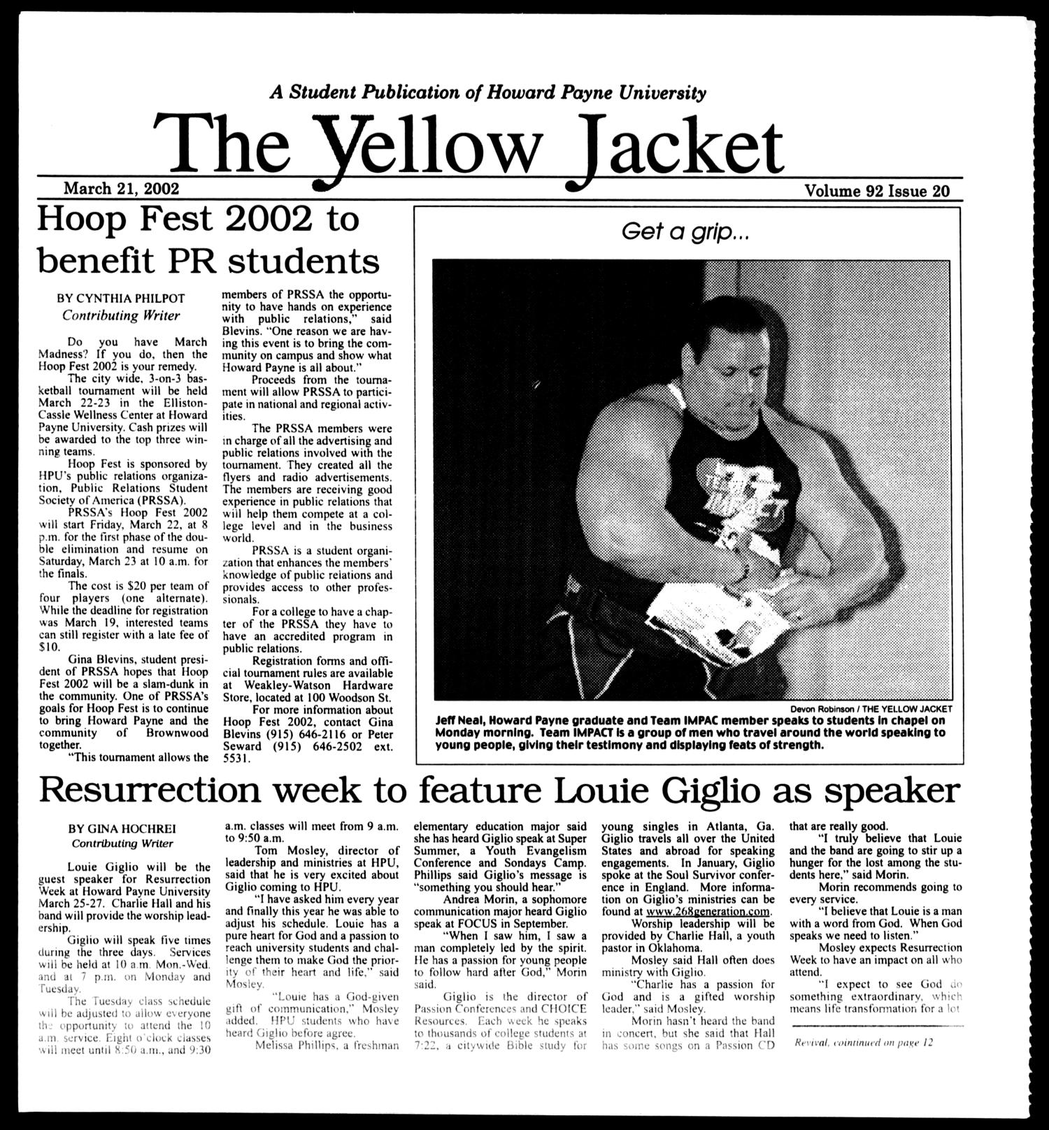 The Yellow Jacket (Brownwood, Tex.), Vol. 92, No. 20, Ed. 1, Thursday, March 21, 2002
                                                
                                                    [Sequence #]: 1 of 12
                                                