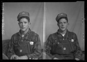 Primary view of object titled '[Two Portraits of Boy Wearing Hat and Overalls]'.