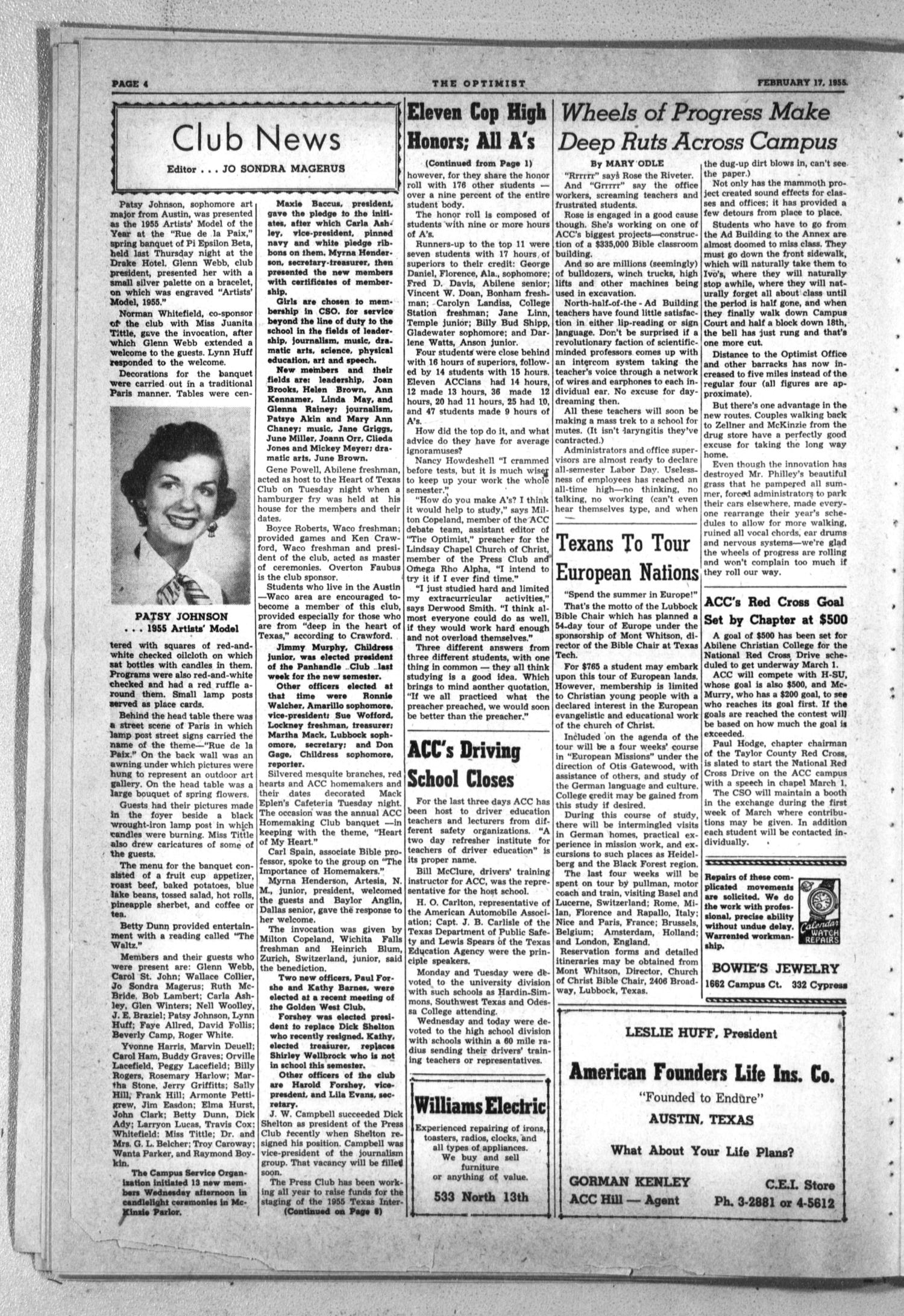 The Optimist (Abilene, Tex.), Vol. 42, No. 18, Ed. 1, Thursday, February 17, 1955
                                                
                                                    [Sequence #]: 4 of 8
                                                