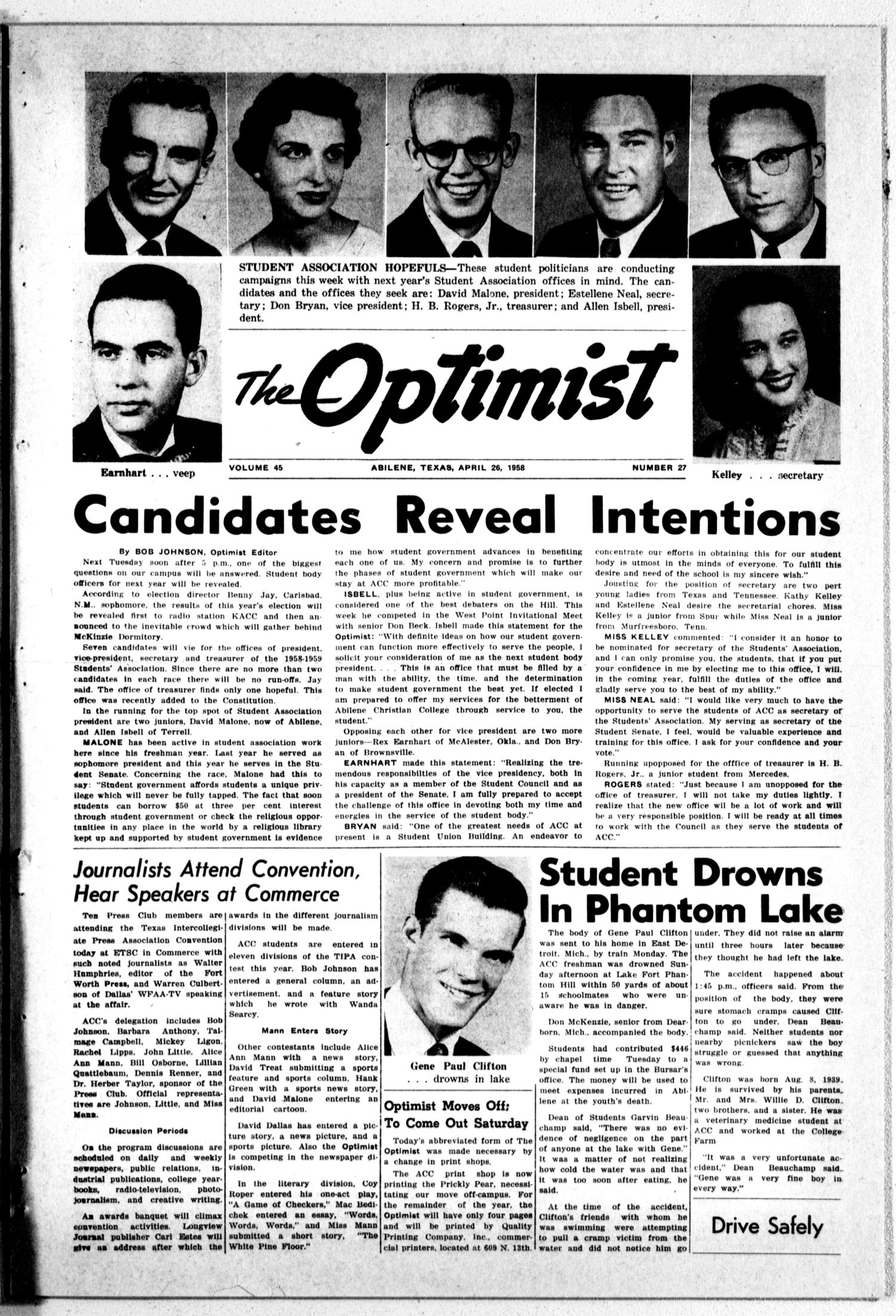 The Optimist (Abilene, Tex.), Vol. 45, No. 27, Ed. 1, Saturday, April 26, 1958
                                                
                                                    [Sequence #]: 1 of 4
                                                