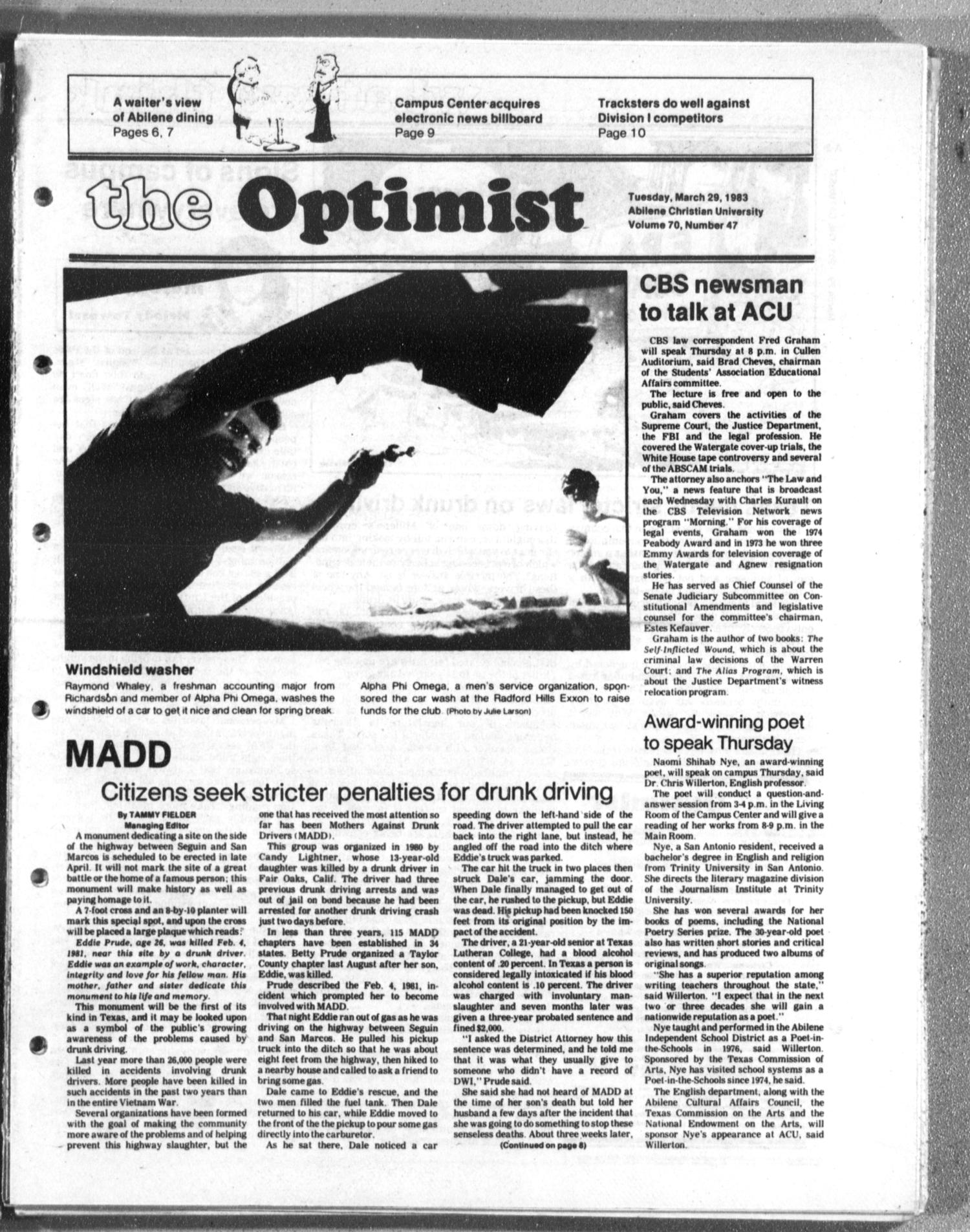 The Optimist (Abilene, Tex.), Vol. 70, No. 47, Ed. 1, Tuesday, March 29, 1983
                                                
                                                    [Sequence #]: 1 of 11
                                                