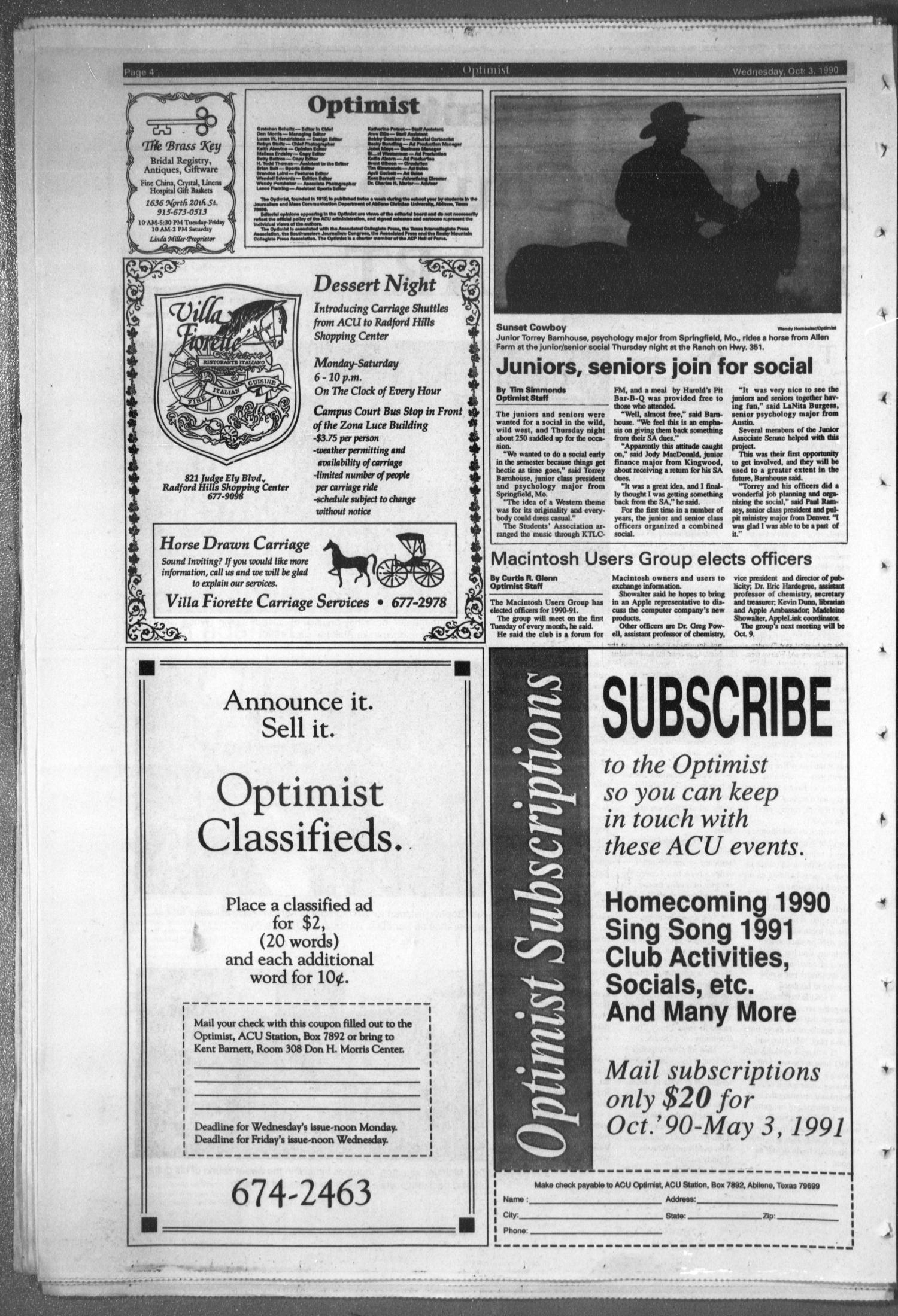 The Optimist (Abilene, Tex.), Vol. 79, No. 12, Ed. 1, Wednesday, October 3, 1990
                                                
                                                    [Sequence #]: 4 of 8
                                                