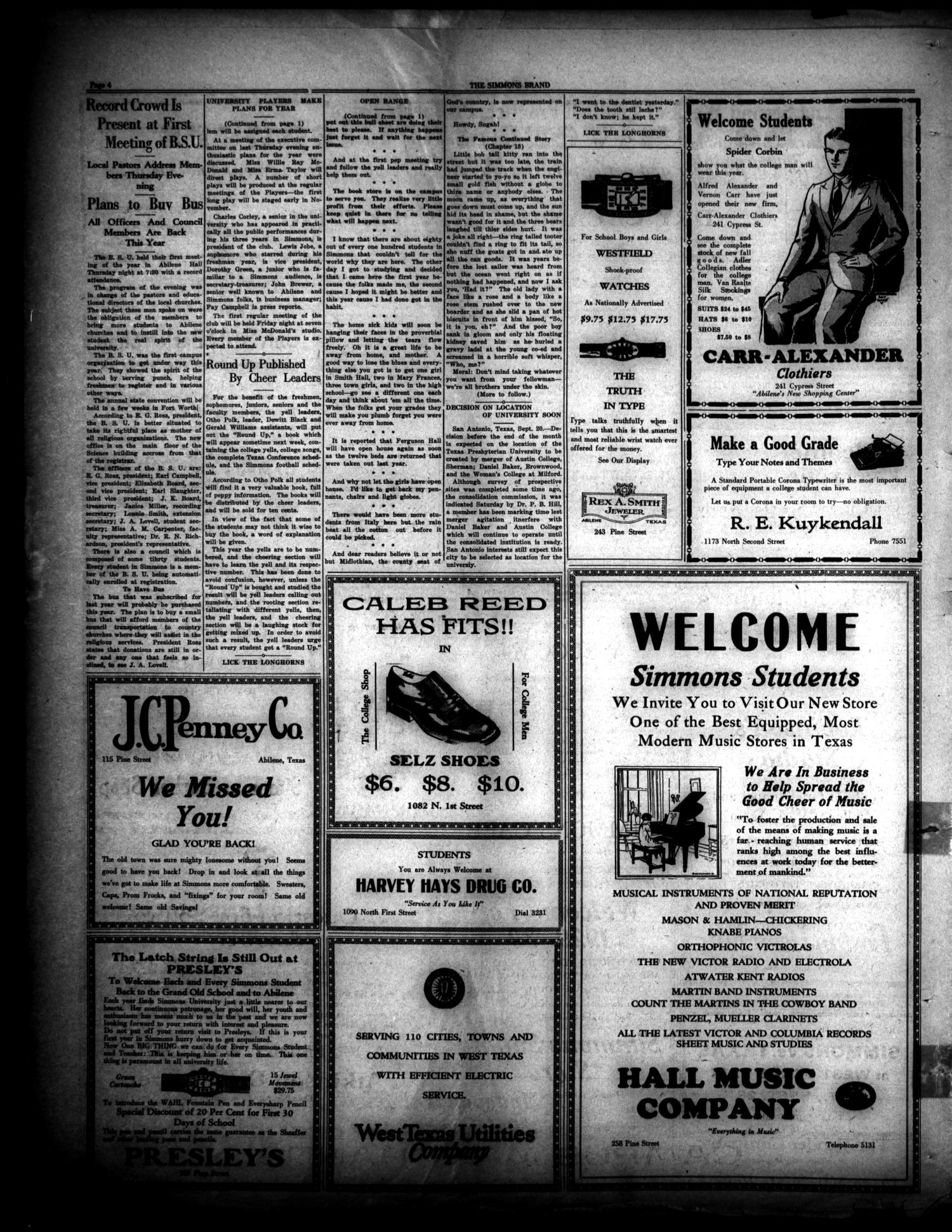 The Simmons Brand (Abilene, Tex.), Vol. 14, No. 1, Ed. 1, Saturday, September 21, 1929
                                                
                                                    [Sequence #]: 4 of 8
                                                
