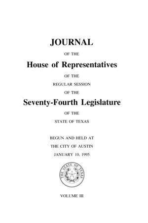 Primary view of object titled 'Journal of the House of Representatives of the Regular Session of the Seventy-Fourth Legislature of the State of Texas, Volume 3'.