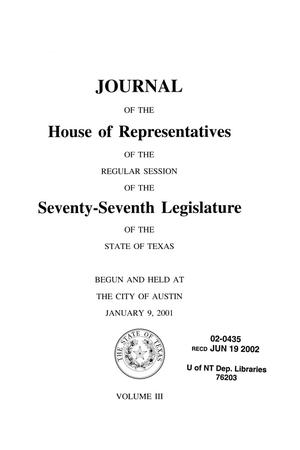 Primary view of object titled 'Journal of the House of Representatives of the Regular Session of the Seventy-Seventh Legislature of the State of Texas, Volume 3'.