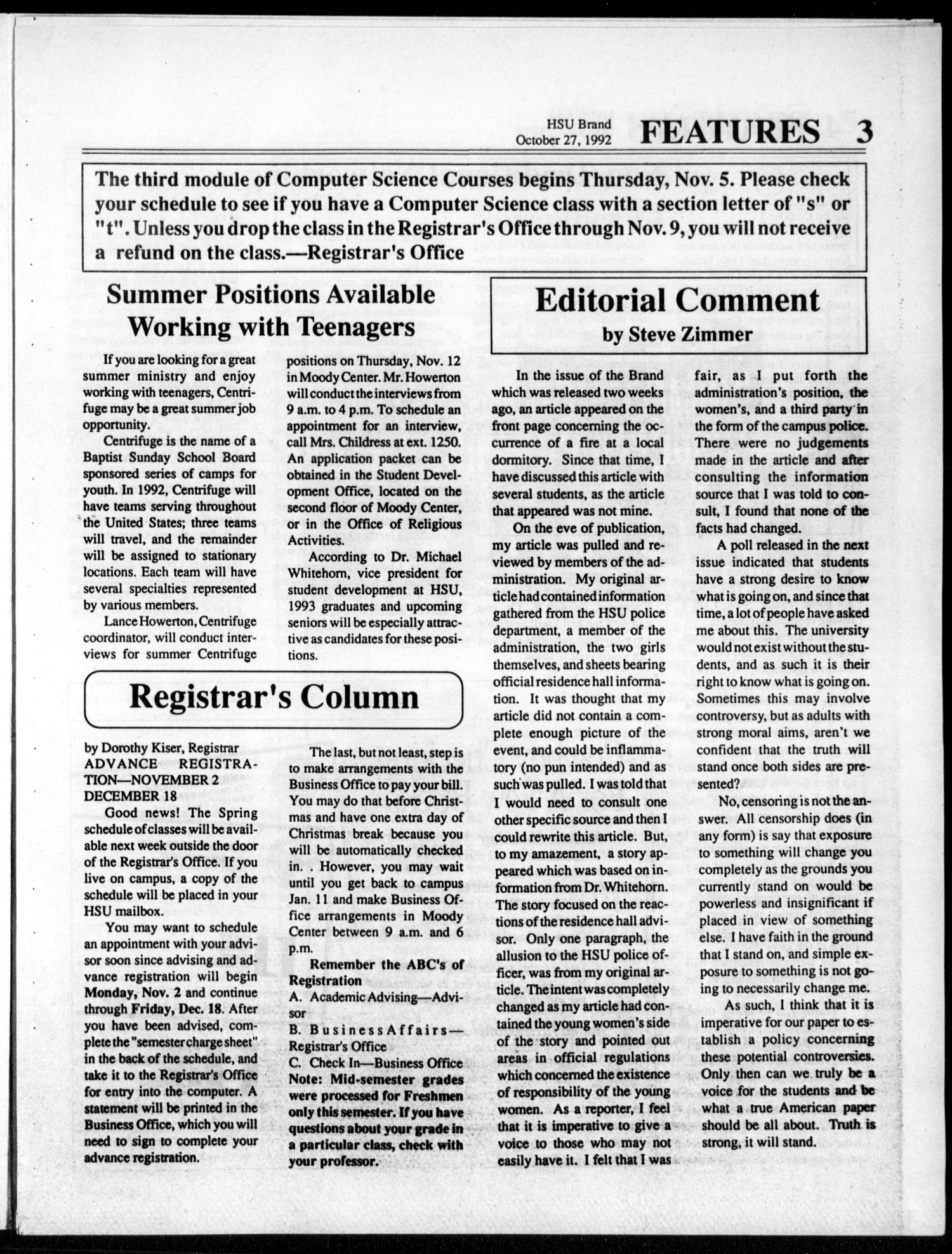 The Brand (Abilene, Tex.), Vol. 80, No. 8, Ed. 1, Tuesday, October 27, 1992
                                                
                                                    [Sequence #]: 3 of 12
                                                