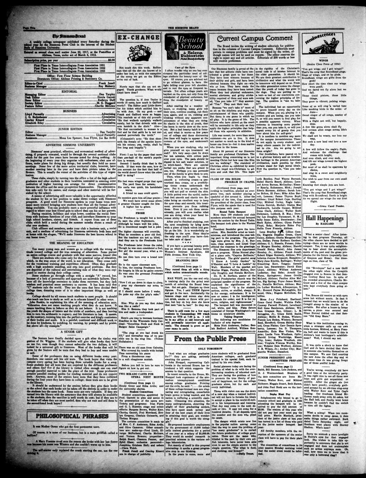 The Simmons Brand (Abilene, Tex.), Vol. 18, No. 18, Ed. 1, Saturday, February 24, 1934
                                                
                                                    [Sequence #]: 2 of 4
                                                