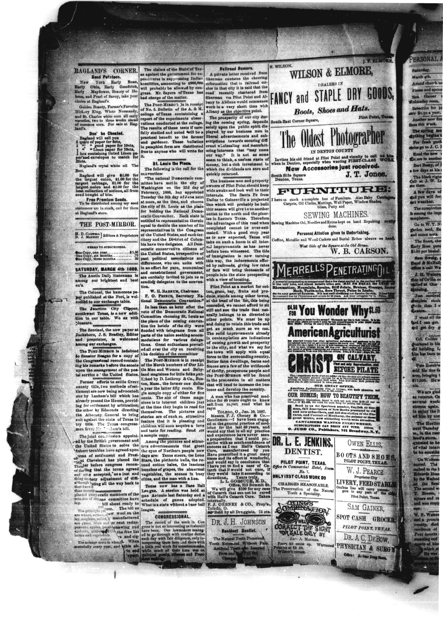The Post-Mirror. (Pilot Point, Tex.), Vol. 1, No. 4, Ed. 1 Saturday, March 3, 1888
                                                
                                                    [Sequence #]: 4 of 8
                                                