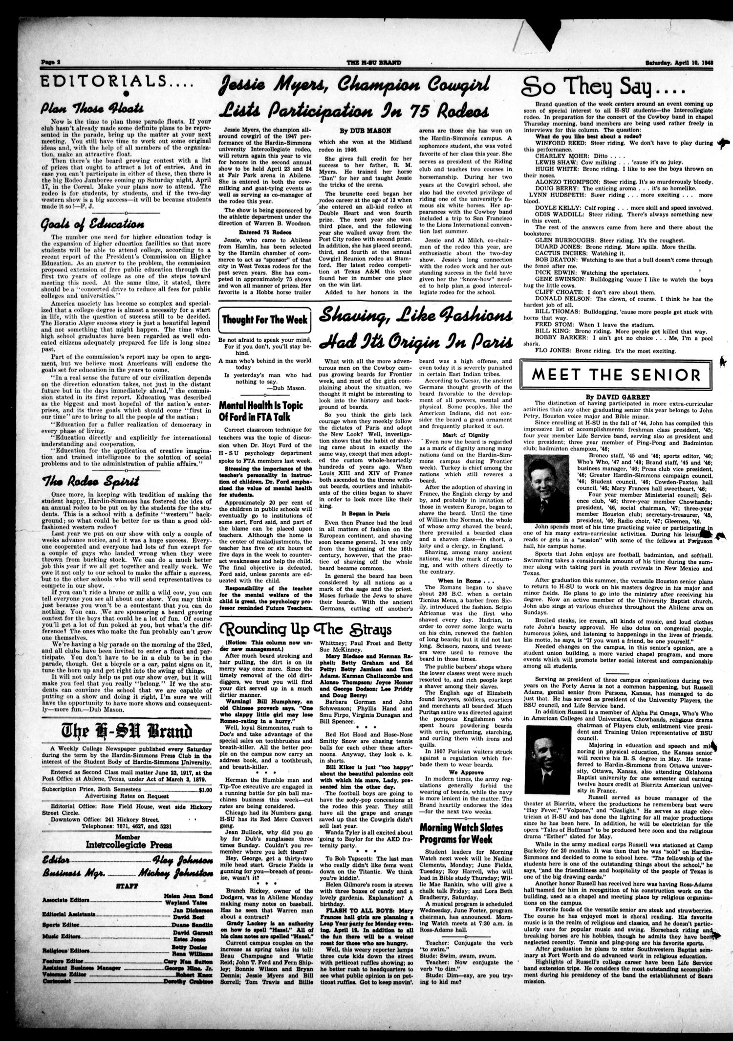 The H-SU Brand (Abilene, Tex.), Vol. 32, No. 25, Ed. 1, Saturday, April 10, 1948
                                                
                                                    [Sequence #]: 2 of 4
                                                