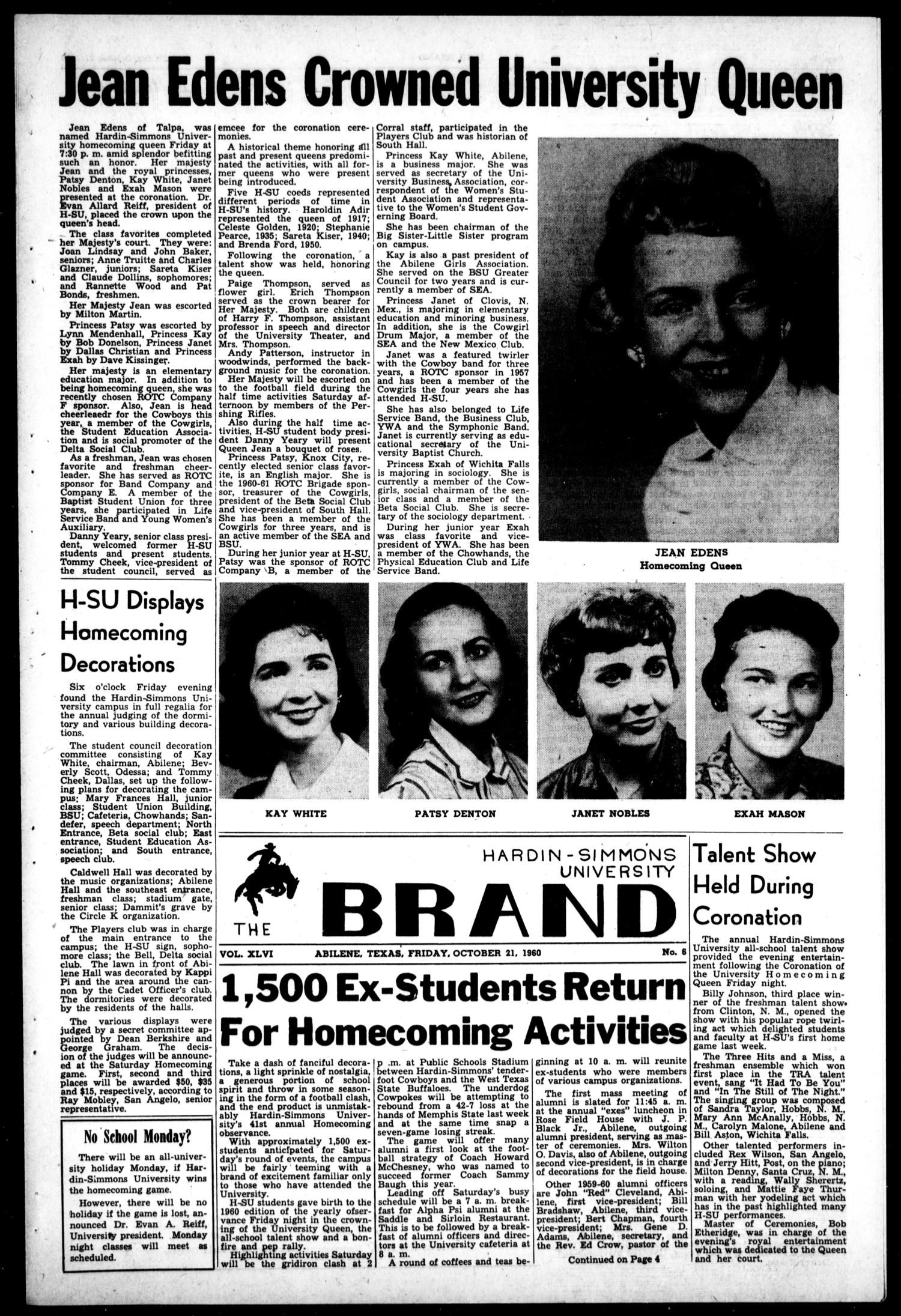 The Brand (Abilene, Tex.), Vol. 46, No. 6, Ed. 1, Friday, October 21, 1960
                                                
                                                    [Sequence #]: 1 of 8
                                                