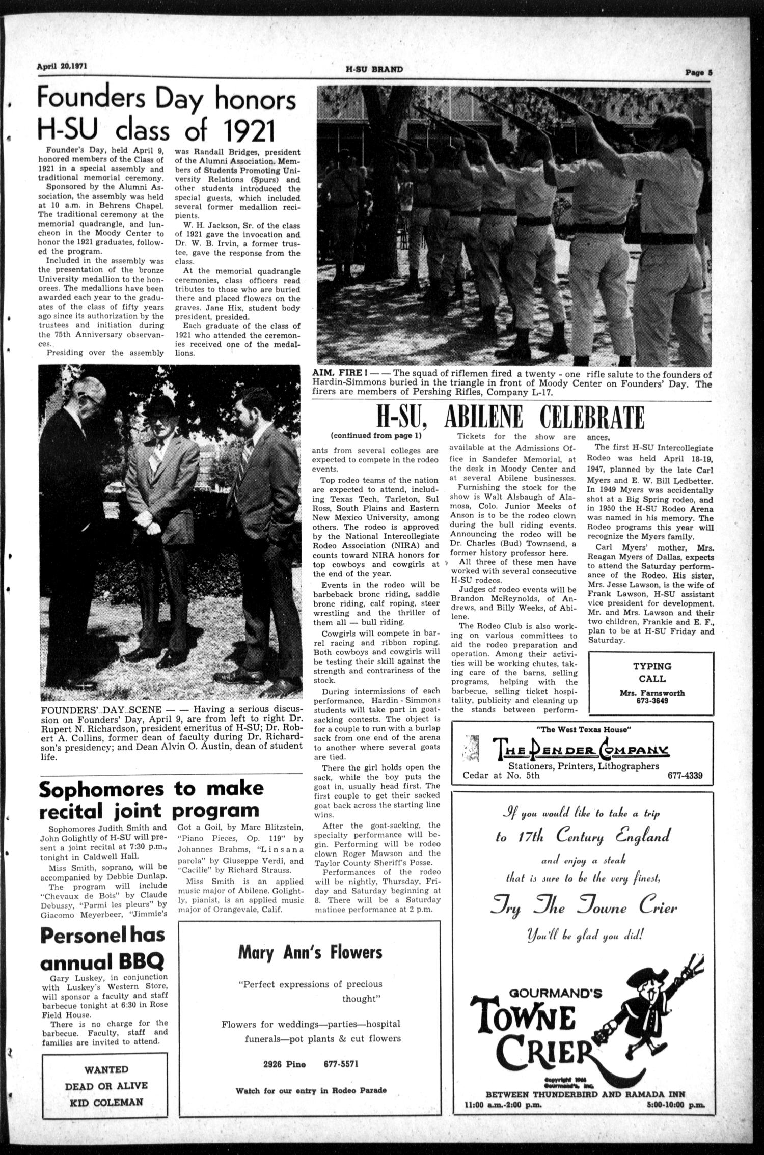 The H-SU Brand (Abilene, Tex.), Vol. 56, No. 51, Ed. 1, Tuesday, April 20, 1971
                                                
                                                    [Sequence #]: 5 of 6
                                                