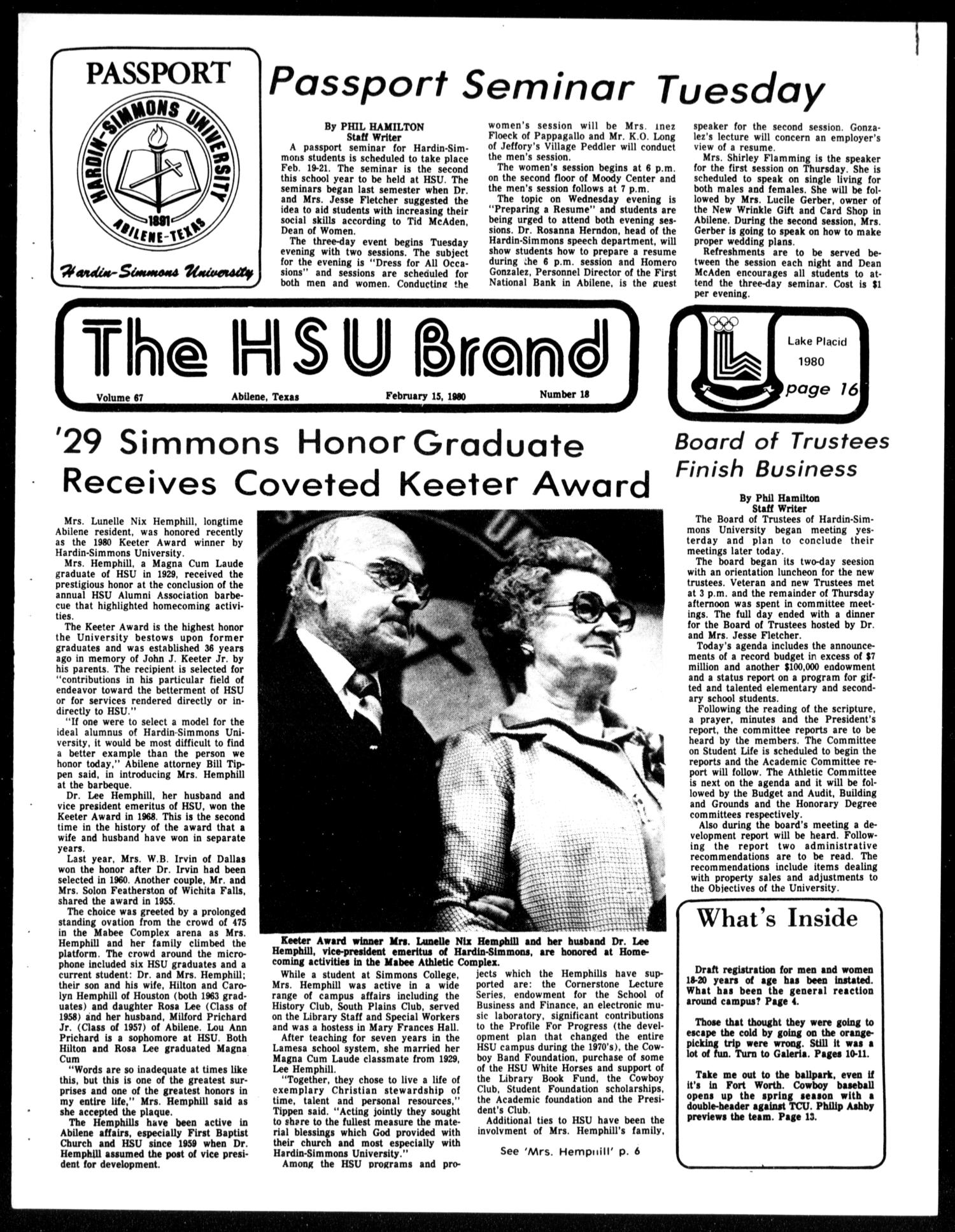The HSU Brand (Abilene, Tex.), Vol. 67, No. 18, Ed. 1, Friday, February 15, 1980
                                                
                                                    [Sequence #]: 1 of 16
                                                