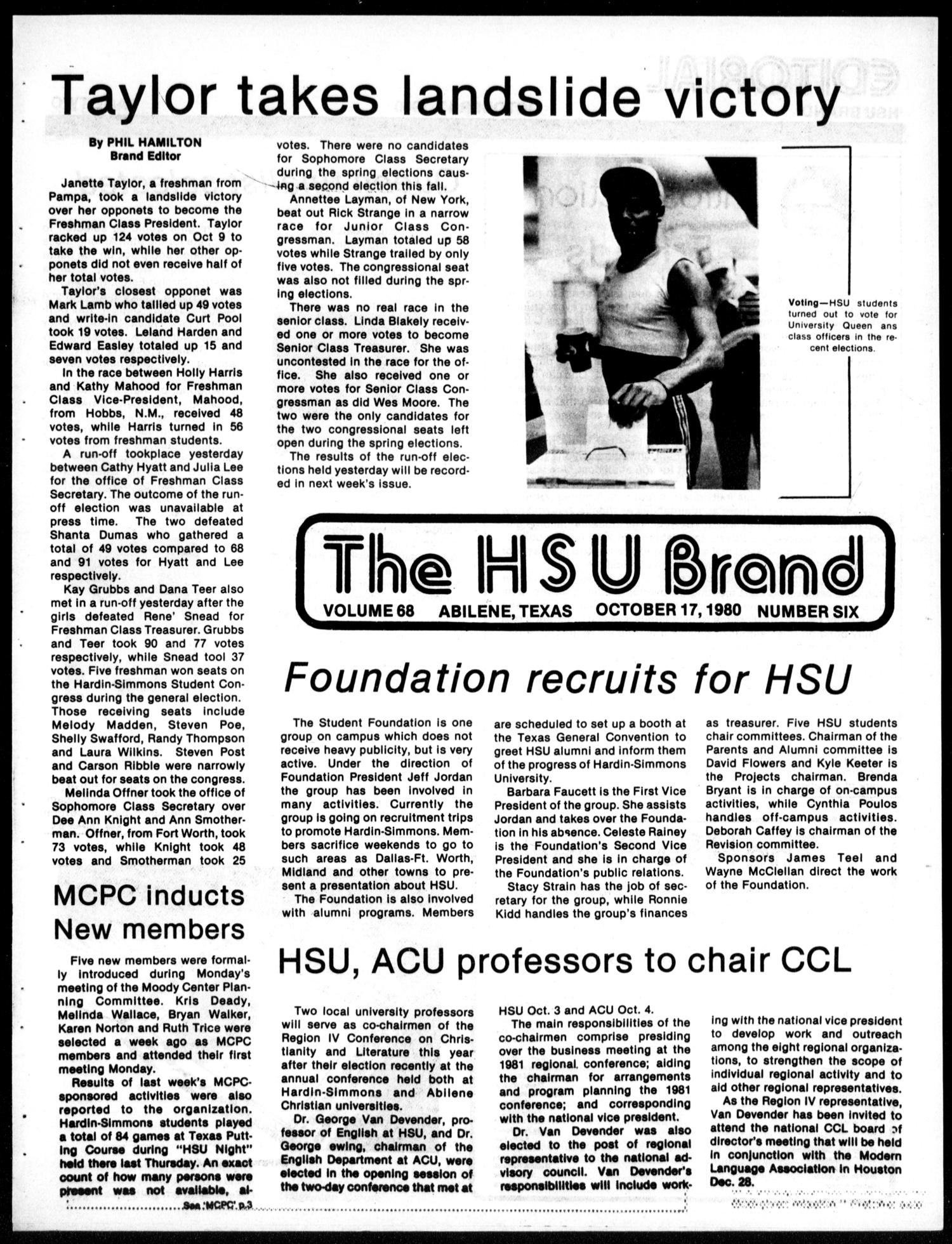 The HSU Brand (Abilene, Tex.), Vol. 68, No. 6, Ed. 1, Friday, October 17, 1980
                                                
                                                    [Sequence #]: 1 of 12
                                                