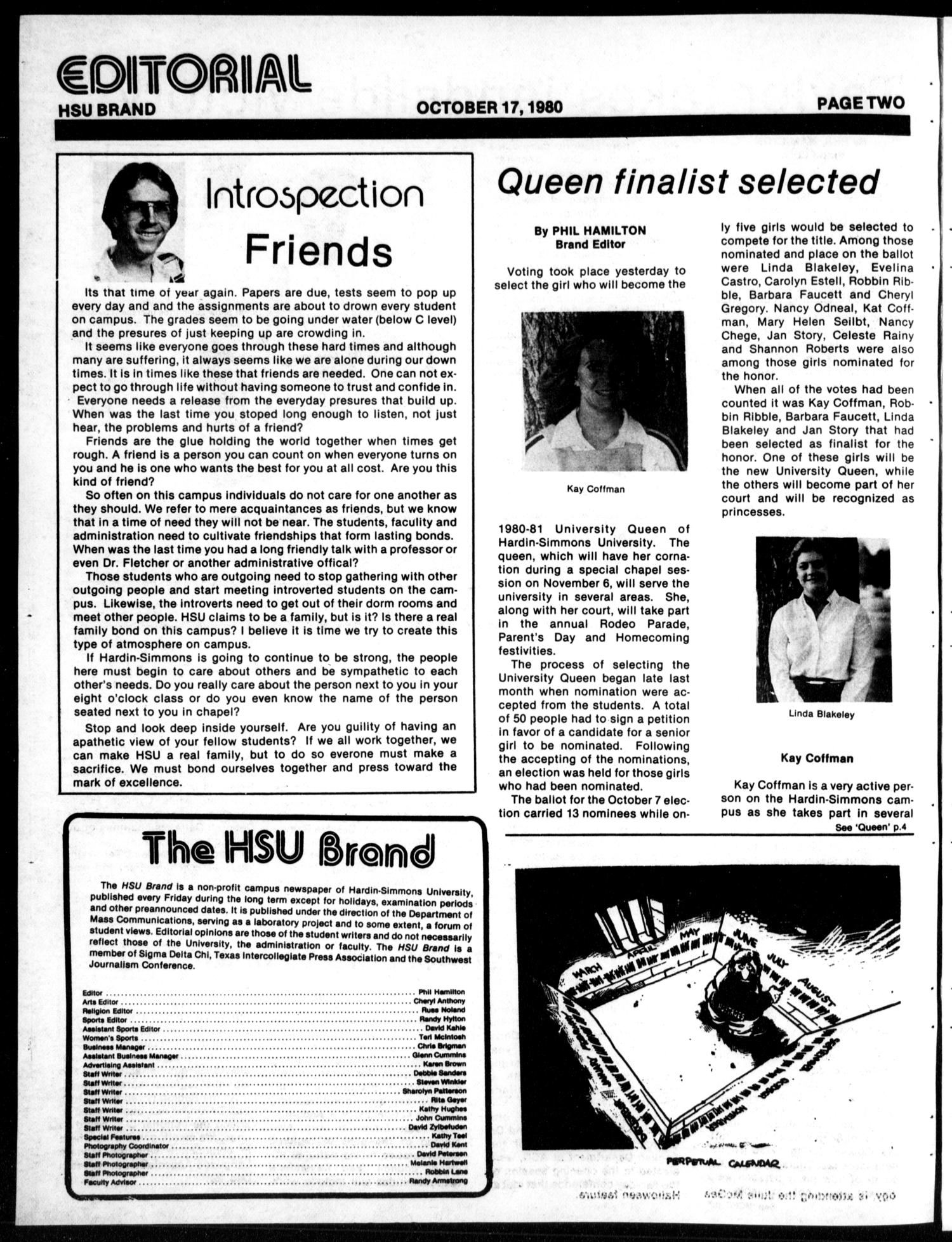 The HSU Brand (Abilene, Tex.), Vol. 68, No. 6, Ed. 1, Friday, October 17, 1980
                                                
                                                    [Sequence #]: 2 of 12
                                                
