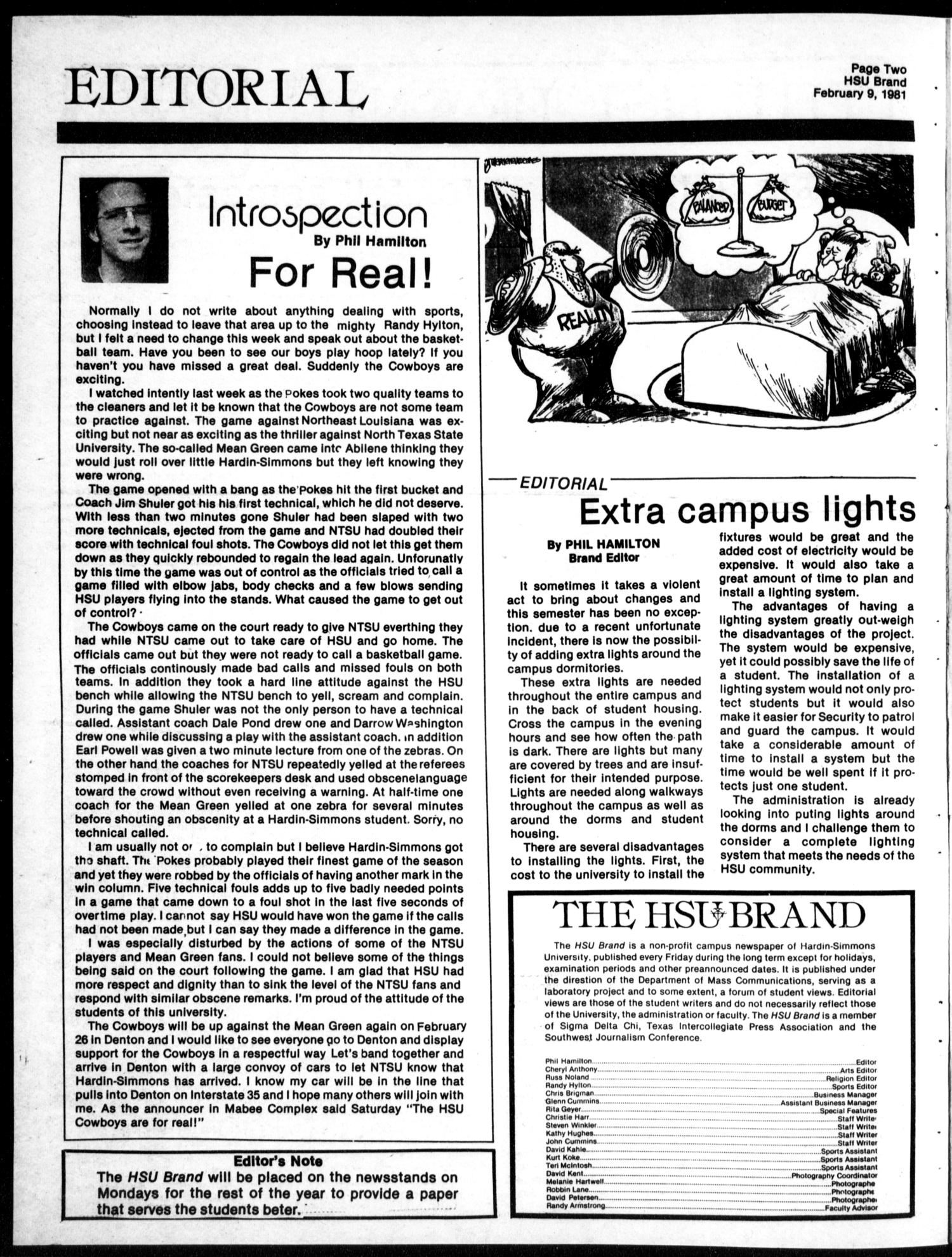 The HSU Brand (Abilene, Tex.), Vol. 70, No. 3, Ed. 1, Monday, February 9, 1981
                                                
                                                    [Sequence #]: 2 of 12
                                                