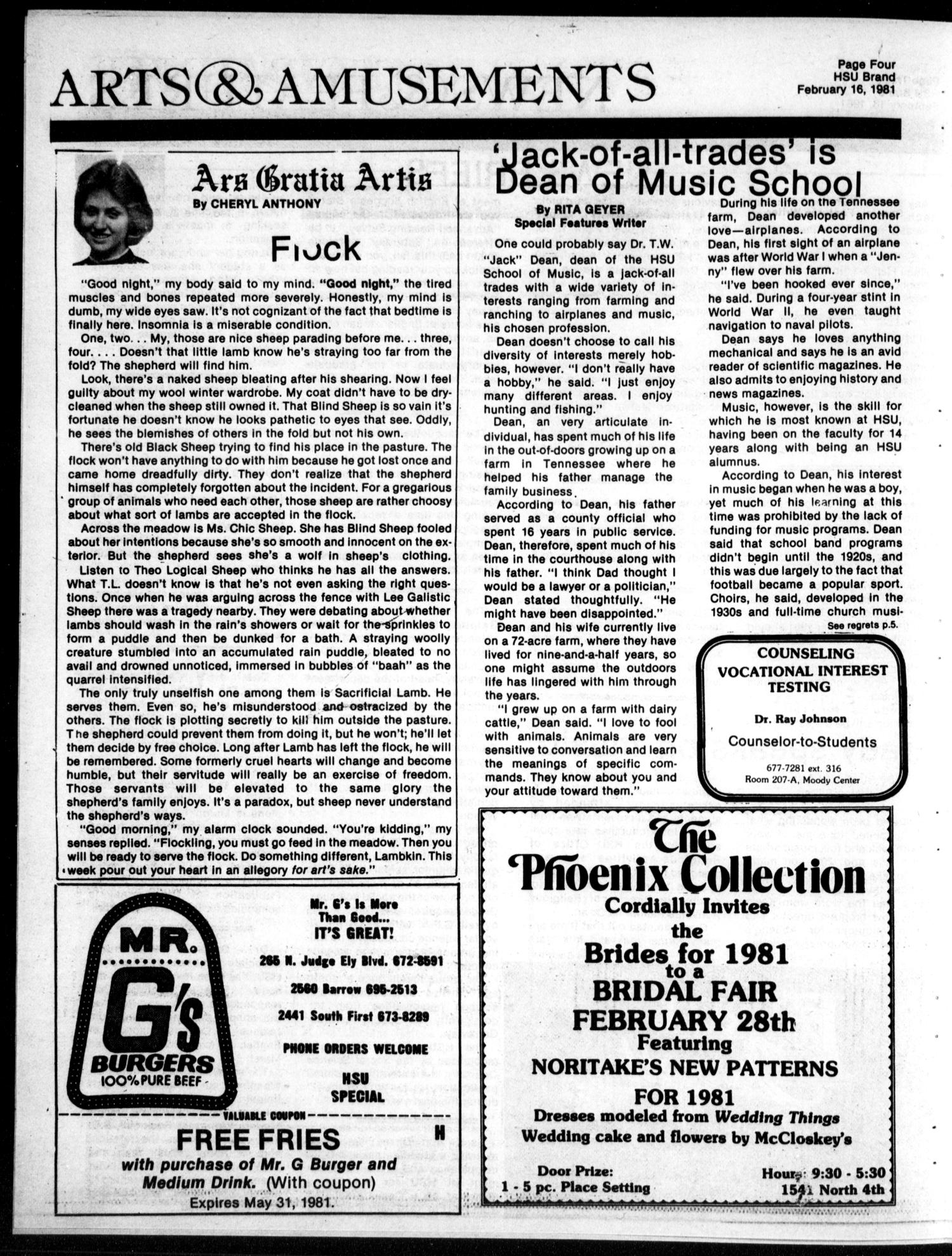 The HSU Brand (Abilene, Tex.), Vol. 70, No. 4, Ed. 1, Monday, February 16, 1981
                                                
                                                    [Sequence #]: 4 of 8
                                                