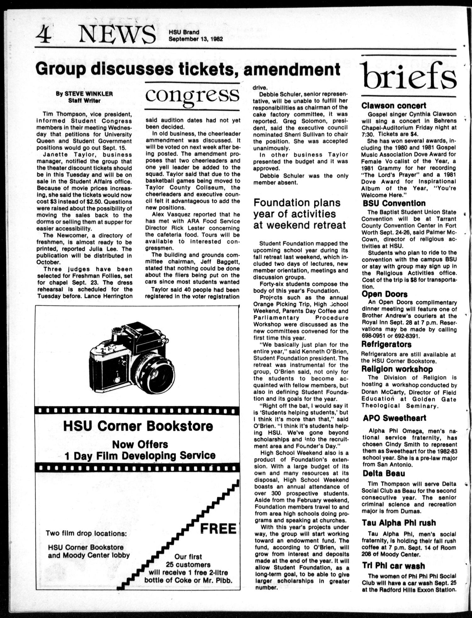 The HSU Brand (Abilene, Tex.), Vol. 70, No. 1, Ed. 1, Monday, September 13, 1982
                                                
                                                    [Sequence #]: 4 of 12
                                                