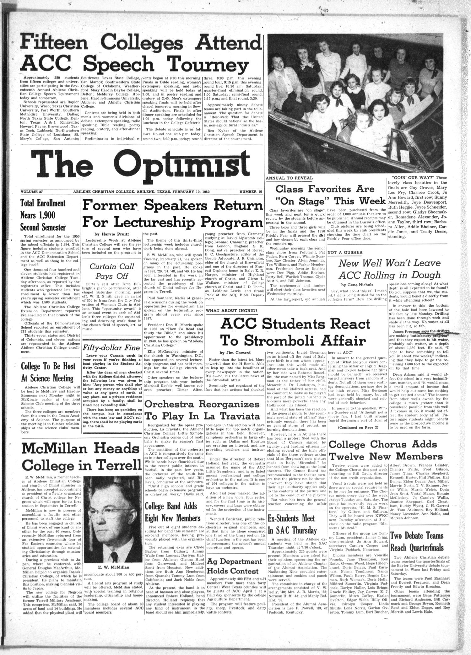 The Optimist (Abilene, Tex.), Vol. 37, No. 16, Ed. 1, Friday, February 10, 1950
                                                
                                                    [Sequence #]: 1 of 4
                                                