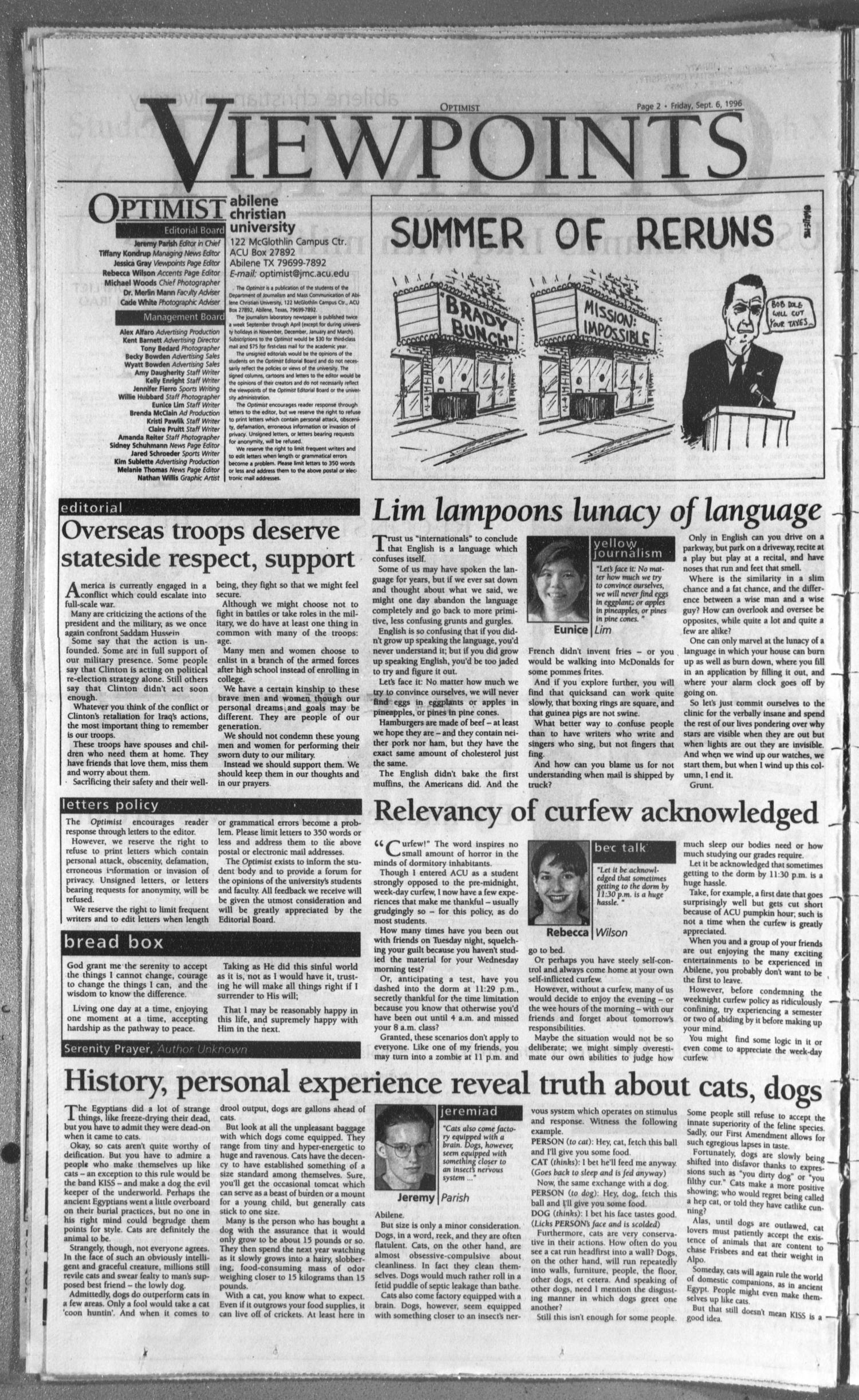 The Optimist (Abilene, Tex.), Vol. 85, No. 5, Ed. 1, Friday, September 6, 1996
                                                
                                                    [Sequence #]: 2 of 8
                                                