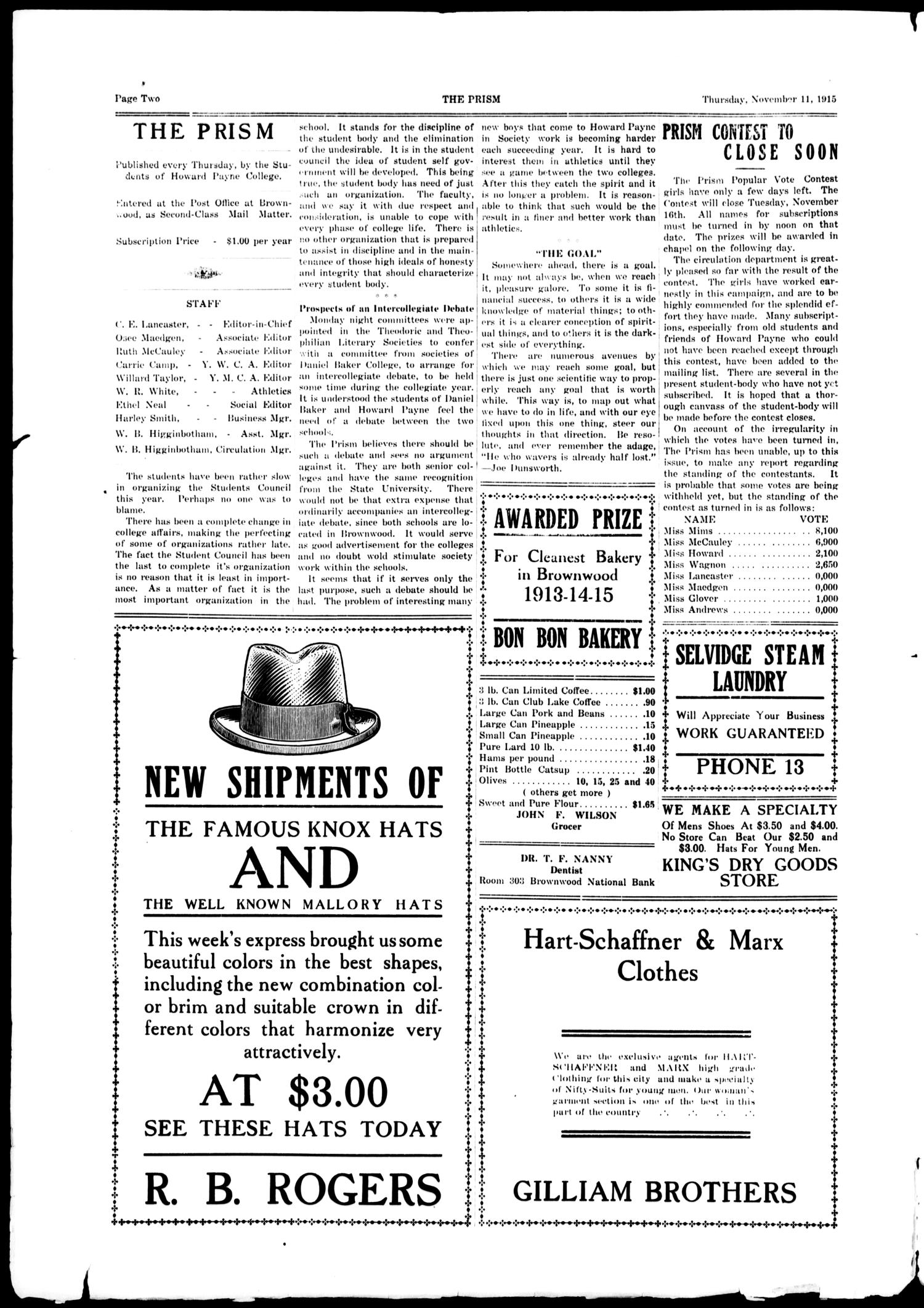 The Prism (Brownwood, Tex.), Vol. 15, No. 15, Ed. 1, Thursday, November 11, 1915
                                                
                                                    [Sequence #]: 2 of 4
                                                