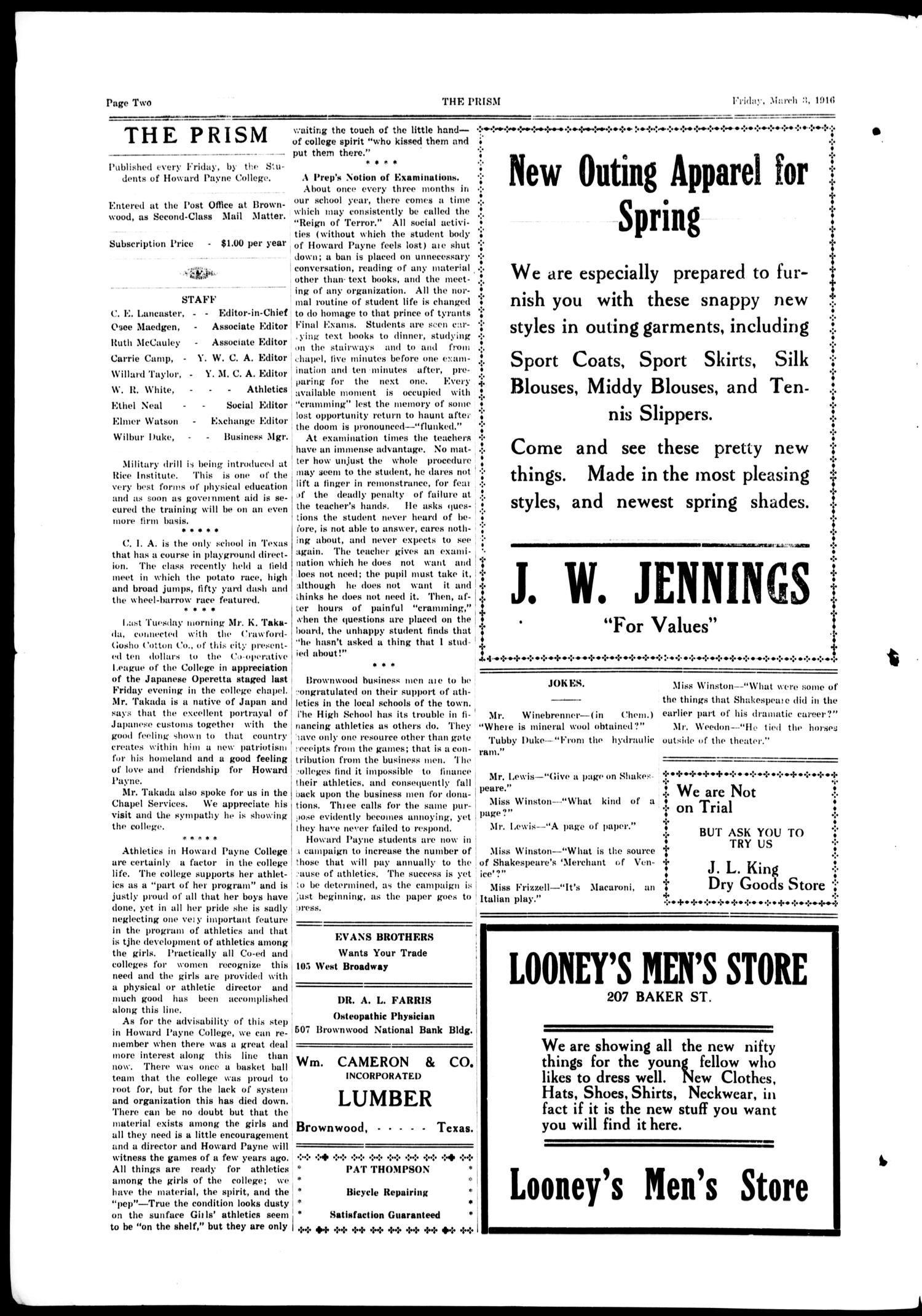 The Prism (Brownwood, Tex.), Vol. 15, No. 27, Ed. 1, Friday, March 3, 1916
                                                
                                                    [Sequence #]: 2 of 4
                                                