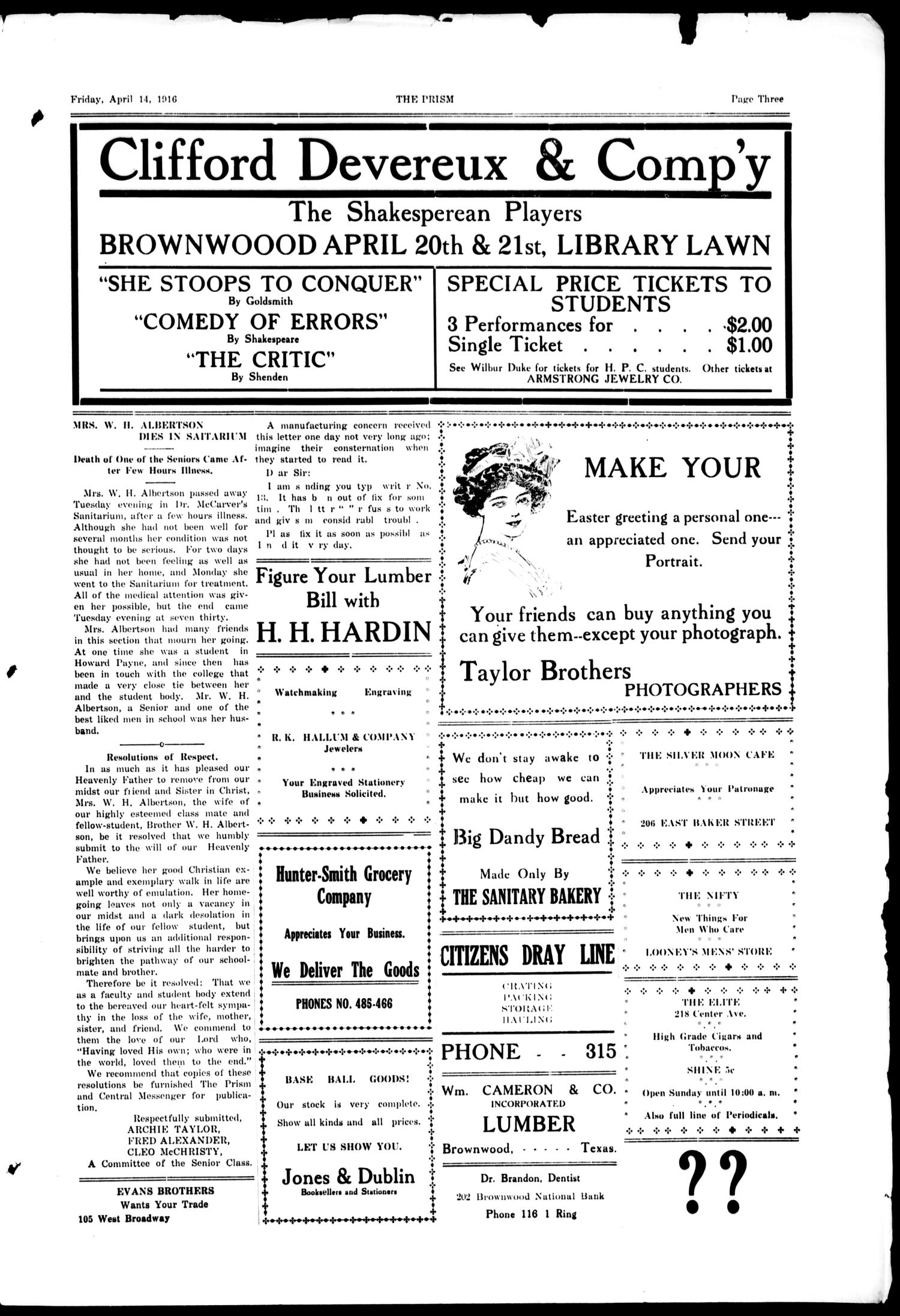 The Prism (Brownwood, Tex.), Vol. 15, No. 33, Ed. 1, Friday, April 14, 1916
                                                
                                                    [Sequence #]: 3 of 4
                                                